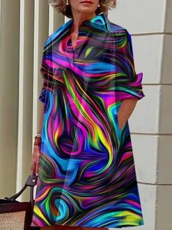 Women's Shirt Dress Casual Dress Midi Dress Outdoor Office Daily Polyester Fashion Modern Shirt Collar Button Pocket Long Sleeve Fall Winter 2023 Loose Fit Yellow Blue Purple Leopard Geometric Color -Casual Print Dress Sales ruwybn1693386627935