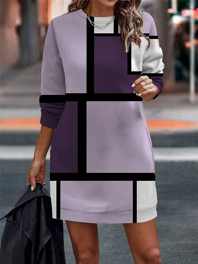 Women's Casual Dress Sweatshirt Dress Mini Dress Warm Fashion Outdoor Vacation Going Out Crew Neck Print Geometric Loose Fit Pink Blue Light Purple S M L XL XXL 2 Women's Casual Dress Sweatshirt Dress Mini Dress Warm Fashion Outdoor Vacation Going Out Crew Neck Print Geometric Loose Fit Pink Blue Light Purple S M L XL XXL - Image 2