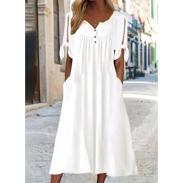 Women's Casual Dress Shift Dress White Dress Midi Dress White Short Sleeve Pure Color Button Summer Spring V Neck Basic Vacation Loose Fit 2023 S M L XL XXL 3XL 1 Women's Casual Dress Shift Dress White Dress Midi Dress White Short Sleeve Pure Color Button Summer Spring V Neck Basic Vacation Loose Fit 2023 S M L XL XXL 3XL