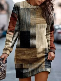 Women's Casual Dress Sweatshirt Dress Mini Dress Warm Fashion Outdoor Holiday Vacation Crew Neck Print Geometric Loose Fit Yellow Red Blue S M L XL XXL