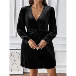 Women's Plus Size Curve Party Dress Black Velvet Dress Cocktail Dress Solid Color Mini Dress Long Sleeve Ruched V Neck Fashion Party Black Fall Winter XL XXL 3XL -Casual Print Dress Sales rwanzp1695645441758