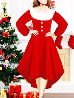 Women‘s Christmas Retro Elegant Vintage Dress Midi Dress Party Patchwork Button Plain Square Neck Long Sleeve Regular Fit Fall Winter 2023 Red S M L XL