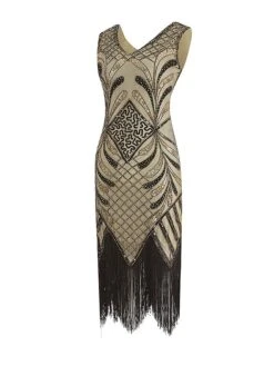 Women's Retro 1920s Fringe Dress Midi Dress Party Halloween Sequins Tassel Fringe Floral V Neck Sleeveless Regular Fit Spring Fall 2023 Black Gold S M L XL -Casual Print Dress Sales rxcfzy1692947806752