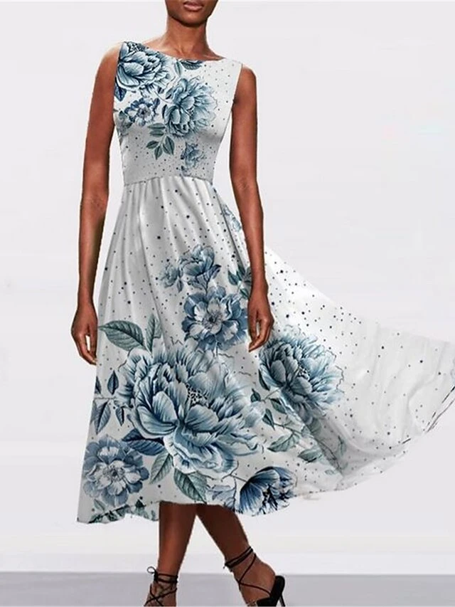 Women's Casual Dress Swing Dress A Line Dress Floral Print Crew Neck Midi Dress Fashion Streetwear Outdoor Daily Sleeveless Regular Fit White Blue Green Summer Spring S M L XL XXL 3 Women's Casual Dress Swing Dress A Line Dress Floral Print Crew Neck Midi Dress Fashion Streetwear Outdoor Daily Sleeveless Regular Fit White Blue Green Summer Spring S M L XL XXL - Image 3
