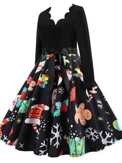 Women's Christmas Retro 1950s Vintage Dress Midi Dress Party Ruched Bow Fruit V Neck Long Sleeve Regular Fit Fall Winter 2023 Deep Green Black S M L XL -Casual Print Dress Sales rythxx1695363822102