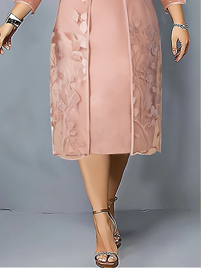 Women's Plus Size Curve Party Dress Dress Set Two Piece Dress Floral Midi Dress 3/4 Length Sleeve Mesh Embroidered Shirt Collar Fashion Party Pink Fall Winter L XL XXL 3XL 4XL 4 Women's Plus Size Curve Party Dress Dress Set Two Piece Dress Floral Midi Dress 3/4 Length Sleeve Mesh Embroidered Shirt Collar Fashion Party Pink Fall Winter L XL XXL 3XL 4XL - Image 4