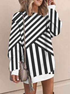 Women's Casual Dress Sweatshirt Dress Mini Dress Warm Fashion Outdoor Vacation Going Out Crew Neck Print Floral Geometric Striped Loose Fit Black Pink Blue S M L XL XXL