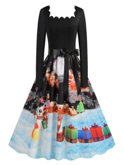 Women's Christmas Vintage Dress Swing Dress Mini Dress Black Pink Dark Blue Red Navy Blue Light Blue Long Sleeve Santa Claus Elk Snowman With Belt Print Winter Fall Square Neck 2022 S M L XL -Casual Print Dress Sales rzrxoj1666676136182