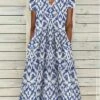 Women's Casual Dress Shift Dress Midi Dress Blue Short Sleeve Geometric Pocket Spring Summer V Neck Basic Daily Vacation Summer Dress 2023 S M L XL XXL 3XL