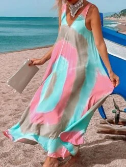 Women's Casual Dress Sundress Summer Dress Color Block Print V Neck Long Dress Maxi Dress Active Fashion Outdoor Street Sleeveless Regular Fit Pink Light Blue Summer Spring S M L XL XXL