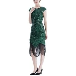 Women's Retro 1920s Fringe Dress Midi Dress Party Halloween Sequins Tassel Fringe Geometric Crewneck Sleeveless Regular Fit Spring Fall 2023 Black Pink S M L XL