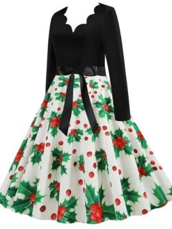 Women's Christmas Retro 1950s Vintage Dress Midi Dress Party Ruched Bow Fruit V Neck Long Sleeve Regular Fit Fall Winter 2023 Deep Green Black S M L XL -Casual Print Dress Sales scluuo1695363826265