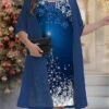 Women's Plus Size Curve Christmas Dress Casual Dress Dress Set Snowflake Midi Dress 3/4 Length Sleeve Print Crew Neck Fashion Outdoor Navy Blue Fall Winter L XL 2XL 3XL 4XL