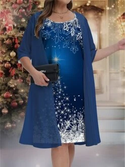 Women's Plus Size Curve Christmas Dress Casual Dress Dress Set Snowflake Midi Dress 3/4 Length Sleeve Print Crew Neck Fashion Outdoor Navy Blue Fall Winter L XL 2XL 3XL 4XL