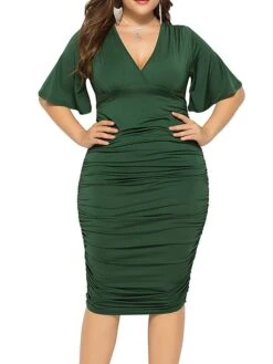 Women's Plus Size Curve Work Dress Bodycon Sheath Dress Plain Midi Dress Short Sleeve Ruched V Neck Fashion Office Black Royal Blue Fall Winter L XL XXL 3XL 4XL