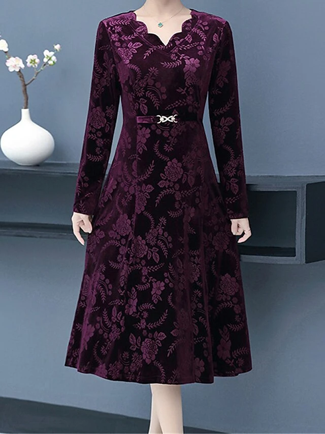 Women's Plus Size Party Dress Velvet Dress Cocktail Dress Midi Dress Wine Blue Purple Long Sleeve Floral Jacquard Spring Fall Winter Split Neck Fashion Winter Dress Wedding Guest Vacation 2023 XL XXL 8 Women's Plus Size Party Dress Velvet Dress Cocktail Dress Midi Dress Wine Blue Purple Long Sleeve Floral Jacquard Spring Fall Winter Split Neck Fashion Winter Dress Wedding Guest Vacation 2023 XL XXL - Image 8