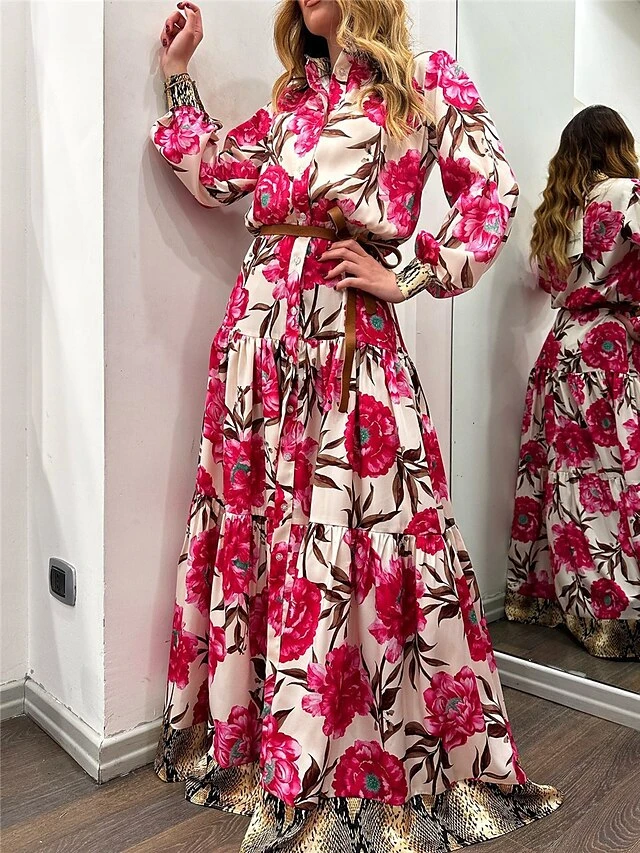 Women's Shirt Dress Casual Dress Swing Dress Maxi Long Dress Outdoor Daily Vacation Satin Fashion Modern Shirt Collar Button Split Long Sleeve Spring Fall 2023 Loose Fit Dark Pink Floral S M L XL 2XL 4 Women's Shirt Dress Casual Dress Swing Dress Maxi Long Dress Outdoor Daily Vacation Satin Fashion Modern Shirt Collar Button Split Long Sleeve Spring Fall 2023 Loose Fit Dark Pink Floral S M L XL 2XL - Image 4