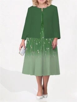 Women's Plus Size Curve Two Piece Dress Set Casual Dress Swing Dress Outdoor Office Fashion Streetwear Print Midi Dress Crew Neck Long Sleeve Floral Ombre Blue Purple Green Fall Winter L XL XXL -Casual Print Dress Sales setkjh1692942821778