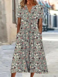 Women's Casual Dress Shift Dress Summer Dress Floral Pocket Print V Neck Midi Dress Active Fashion Outdoor Date Short Sleeve Regular Fit Blue Green Gray Summer Spring S M L XL XXL -Casual Print Dress Sales sevfkn1678271751507