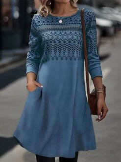 Women's Casual Dress T Shirt Dress Tee Dress Print Dress Geometric Color Block Pocket Print Crew Neck Midi Dress Fashion Streetwear Outdoor Daily Long Sleeve Regular Fit Blue Fuchsia Brown Spring Fall -Casual Print Dress Sales sfbfff1692011442485