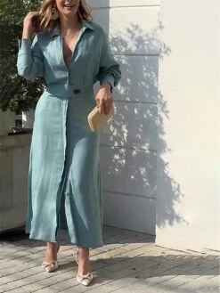 Women's Shirt Dress Casual Dress Sheath Dress Maxi Long Dress Outdoor Office Daily Polyester Fashion Modern Shirt Collar Button Long Sleeve Summer Spring Fall 2023 Loose Fit White Pink Blue Plain S M -Casual Print Dress Sales sflplc1683716778750