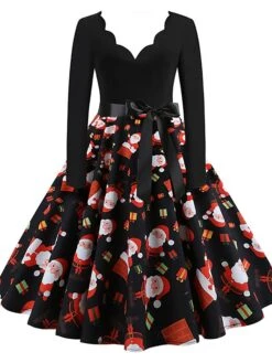 Women's Christmas Retro 1950s Vintage Dress Midi Dress Party Ruched Bow Fruit V Neck Long Sleeve Regular Fit Fall Winter 2023 Deep Green Black S M L XL -Casual Print Dress Sales sfxtyz1695363823625