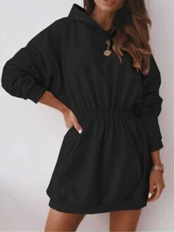 Women's Casual Dress Hoodie Dress Plain Dress Mini Dress Button Pocket Street Daily Holiday Fashion Streetwear Hooded Long Sleeve 2023 Regular Fit Black White Pink Color S M L XL XXL Size
