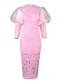 Women‘s Plus Size Curve Party Dress Lace Dress Cocktail Dress Midi Dress White Pink Long Sleeve Pure Color Lace Spring Fall Winter Stand Collar Fashion Wedding Guest Vacation Fall Dress 2023 -Casual Print Dress Sales sgpipk1690946609742