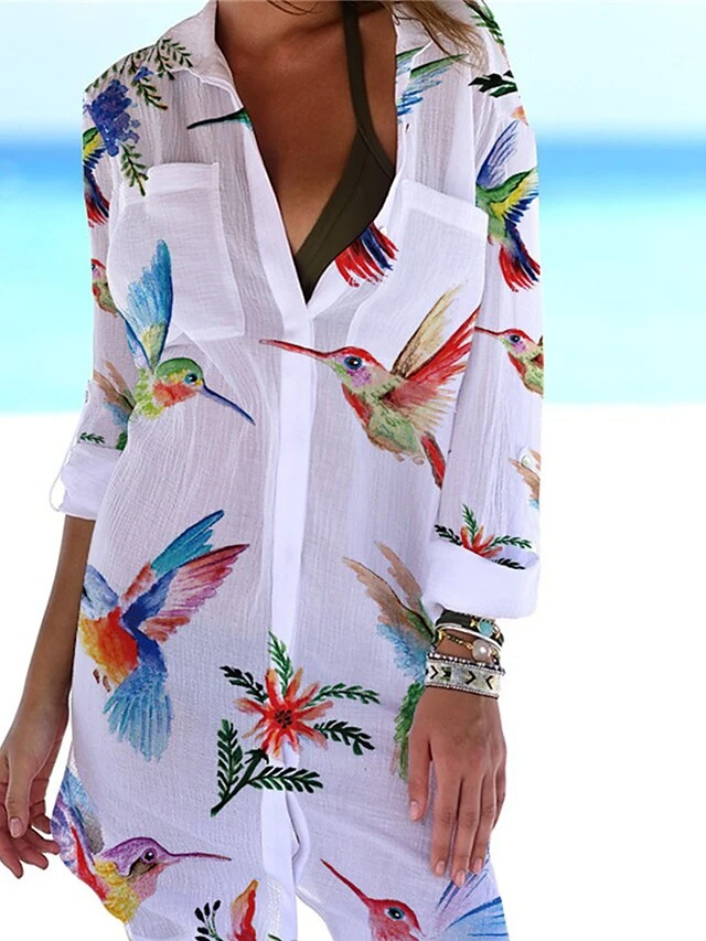 Women's Shirt Dress Cover Up Beach Wear Mini Dress Pocket Print Fashion Casual Floral Turndown 3/4 Length Sleeve Loose Fit Outdoor Daily White Yellow 2023 Summer Spring S M L XL 2 Women's Shirt Dress Cover Up Beach Wear Mini Dress Pocket Print Fashion Casual Floral Turndown 3/4 Length Sleeve Loose Fit Outdoor Daily White Yellow 2023 Summer Spring S M L XL - Image 2
