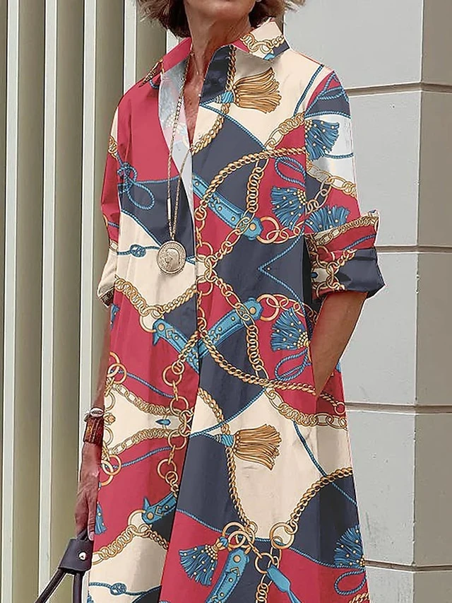 Women's Shirt Dress Casual Dress Midi Dress Office Daily Vacation Polyester Fashion Elegant Shirt Collar Print Long Sleeve Fall Winter 2023 Regular Fit Rose Red Geometric S M L XL 2XL 2 Women's Shirt Dress Casual Dress Midi Dress Office Daily Vacation Polyester Fashion Elegant Shirt Collar Print Long Sleeve Fall Winter 2023 Regular Fit Rose Red Geometric S M L XL 2XL - Image 2