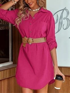 Women's Shirt Dress Casual Dress Mini Dress Outdoor Daily Cotton Linen Basic Classic Shirt Collar Button Pocket Long Sleeve Summer Spring Fall 2023 Loose Fit Black White Pink Pure Color S M L XL 2XL -Casual Print Dress Sales shdhpp1691465489806