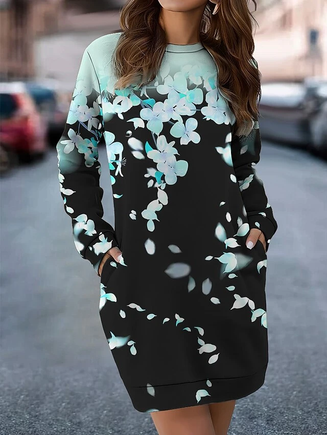 Women's Casual Dress Sweatshirt Dress Mini Dress Warm Fashion Outdoor Vacation Going Out Crew Neck Pocket Print Floral Loose Fit Pink Blue Green S M L XL XXL 2 Women's Casual Dress Sweatshirt Dress Mini Dress Warm Fashion Outdoor Vacation Going Out Crew Neck Pocket Print Floral Loose Fit Pink Blue Green S M L XL XXL - Image 2