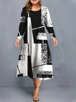 Women's Plus Size Curve Christmas Dress Casual Dress Skater Dress Plaid Midi Dress Long Sleeve Print Crew Neck Fashion Outdoor White Wine Fall Winter L XL XXL 3XL 4XL -Casual Print Dress Sales shluhf1697632929749