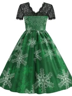 Women's Christmas Knee Length Dress Blue Purple Wine Green Black Red Short Sleeve Print Lace Print Fall Winter Round Neck CasualRegular Fit 2021 S M L XL XXL 3XL -Casual Print Dress Sales shqltd1632737569434