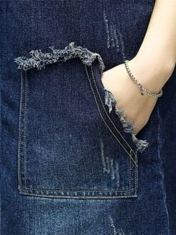 Women's Denim Overall Pinafore Dress Midi Dress Cotton Denim Stylish Basic Outdoor Daily Vacation Square Neck Pocket Raw Edge Sleeveless Summer Spring 2023 Regular Fit Dark Blue Pure Color M L XL XXL -Casual Print Dress Sales sicfks1643183946363