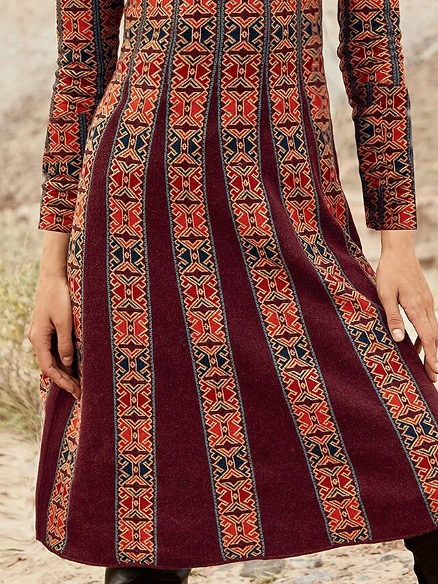 Women's Casual Dress Ethnic Dress Print Dress Geometric Tribal Print V Neck Mini Dress Vintage Ethnic Outdoor Daily Long Sleeve Loose Fit Wine Spring Fall S M L XL XXL 3 Women's Casual Dress Ethnic Dress Print Dress Geometric Tribal Print V Neck Mini Dress Vintage Ethnic Outdoor Daily Long Sleeve Loose Fit Wine Spring Fall S M L XL XXL - Image 3