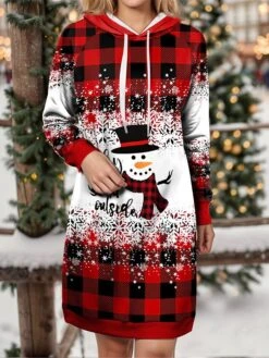 Women's Christmas Dress Hoodie Dress Mini Dress Warm Fashion Outdoor Christmas Holiday Hoodie Print Snowman Snowflake Loose Fit Wine Blue Green S M L XL XXL