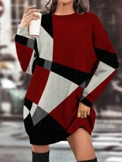 Women's Casual Dress Sweatshirt Dress Winter Dress Geometric Color Block Pocket Print Crew Neck Mini Dress Fashion Streetwear Outdoor Daily Long Sleeve Loose Fit Black Wine Blue Fall Winter S M L XL
