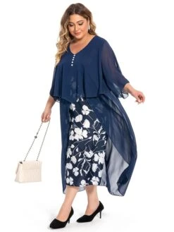 Women's Plus Size Curve Work Dress Floral V Neck Ruched 3/4 Length Sleeve Spring Summer Work Elegant Midi DressLayered Formal Vacation Dress -Casual Print Dress Sales skldet1694765023623