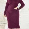 Women's Plus Size Curve Casual Dress Sweater Dress Bodycon Plain Midi Dress Long Sleeve Button Turtleneck Fashion Outdoor Wine Dark Blue Fall Winter XL XXL 3XL 4XL 5XL