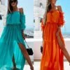 Women's Casual Dress Swing Dress Long Dress Maxi Dress Orange Green 3/4 Length Sleeve Pure Color Ruffle Summer Spring Off Shoulder Casual 2023 S M L XL
