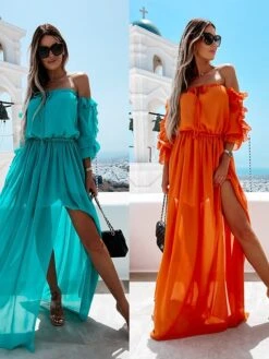 Women's Casual Dress Swing Dress Long Dress Maxi Dress Orange Green 3/4 Length Sleeve Pure Color Ruffle Summer Spring Off Shoulder Casual 2023 S M L XL