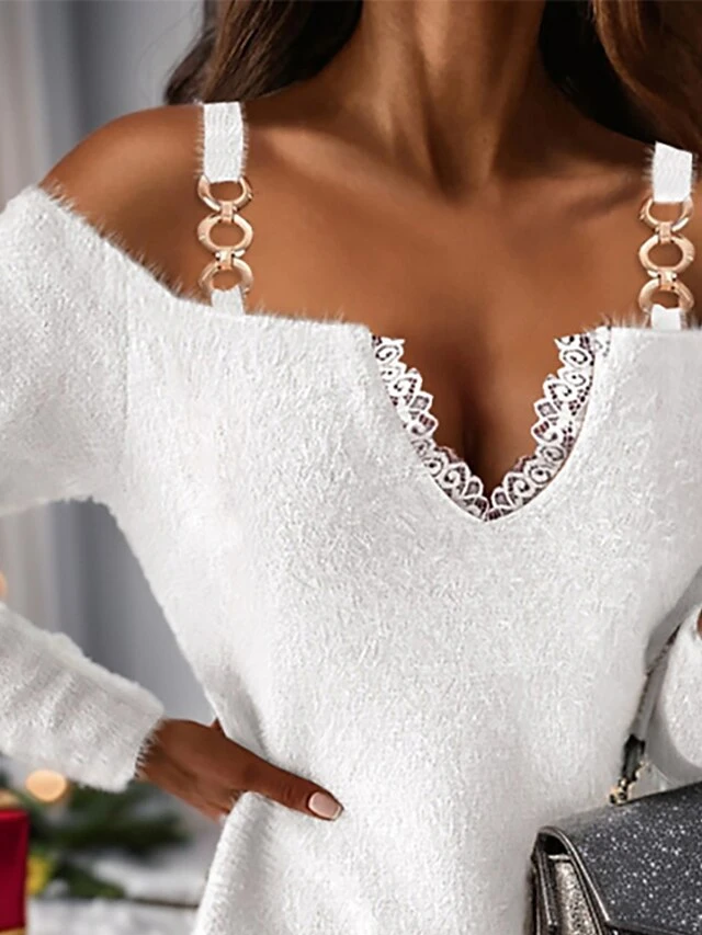Women's Winter Dress Christmas Dress Sheath Dress Mini Dress Lace Cold Shoulder Christmas Street Daily Fashion Streetwear V Neck Long Sleeve 2023 Regular Fit White Color S M L XL XXL Size 2 Women's Winter Dress Christmas Dress Sheath Dress Mini Dress Lace Cold Shoulder Christmas Street Daily Fashion Streetwear V Neck Long Sleeve 2023 Regular Fit White Color S M L XL XXL Size - Image 2