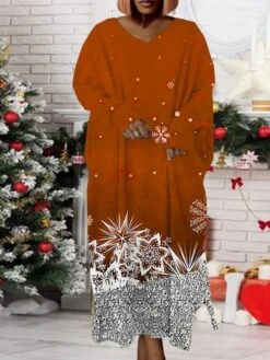 Women‘s Plus Size Christmas Dress Print V Neck Long Sleeve Winter Fall Modern Maxi Long Dress Daily Dress -Casual Print Dress Sales sllcce1668158943771