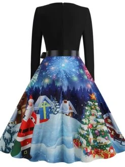 Women's Christmas Casual Dress Swing Dress Midi Dress Blue Purple Royal Blue Light Blue White Long Sleeve Santa Claus Elk Tree Bow Print Winter Fall V Neck Vacation Vintage 2022 S M L XL -Casual Print Dress Sales slnshq1666927315574