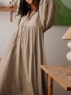 Women's Shirt Dress Casual Dress Midi Dress Outdoor Daily Date Cotton Basic Classic V Neck Ruched Long Sleeve Fall Winter 2023 Loose Fit Black Green Apricot Pure Color S M L XL -Casual Print Dress Sales slwgfp1695096323025