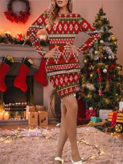 Women's Christmas Sheath Dress Knit Dress Mini Dress Blue Red Gray Long Sleeve Tree Print Hat Knit Print Winter Fall Crew Neck Party Elegant Loose Fit 2022 S M L XL 2XL 3XL 4XL