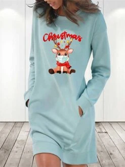 Women's Christmas Hoodie Dress Winter Dress Light Blue Grey White Long Sleeve Letter Elk Pocket Print Winter Fall Crew Neck Stylish Casual Fall Dress Loose Fit 2022 S M L XL 2XL / Cotton