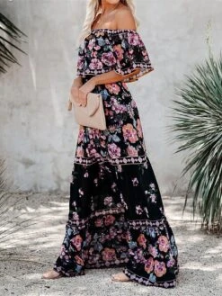 Women's Boho Dress Beach Dress Beach Wear Long Dress Maxi Dress Ruffle Print Boho Casual Floral Off Shoulder Short Sleeve Loose Fit Outdoor Daily Black White 2023 Spring Summer S M L XL -Casual Print Dress Sales sniqdi1675160145001