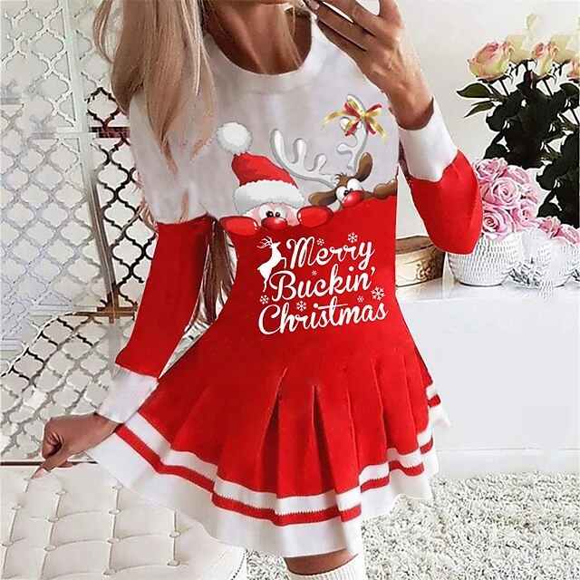 Women's Christmas Swing Dress Blue Red Black Long Sleeve Letter Santa Claus Elk Pleated Print Winter Fall Crew Neck Stylish Romantic Fall Dress Loose Fit 2022 S M L XL XXL / Winter Dress 7 Women's Christmas Swing Dress Blue Red Black Long Sleeve Letter Santa Claus Elk Pleated Print Winter Fall Crew Neck Stylish Romantic Fall Dress Loose Fit 2022 S M L XL XXL / Winter Dress - Image 7